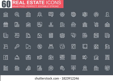 Real estate thin line icon set. Real estate agency outline pictograms for website and mobile app GUI. Building sale and rent simple UI, UX. Grid 48x48 pixel perfect linear vector icons pack.