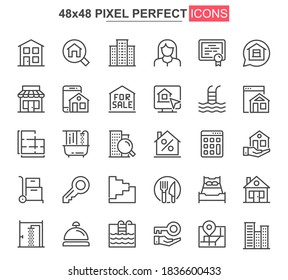 Real estate thin line icon set. Real estate agency outline pictograms for website and mobile app GUI. Building sale and rent simple UI, UX vector icons. 48x48 pixel perfect pictogram pack.