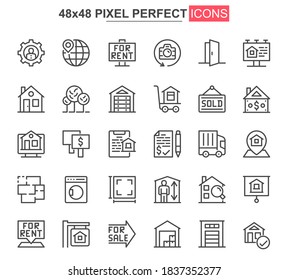 Real estate thin line icon set. Real estate agency outline pictograms for website and mobile app GUI. Building sale and rent simple UI, UX vector icons. 48x48 pixel perfect pictogram pack.