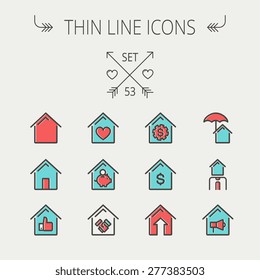 Icono de línea delgada inmobiliario para web y móvil. El conjunto incluye: préstamo para vivienda, hipoteca, vivienda con perfil, ahorro, seguro de vivienda, corredor, íconos de alarma de vivienda. Moderno diseño minimalista plano. Vector