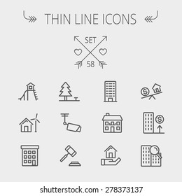 Real estate thin line icon set for web and mobile. Set includes- pine tree, antenna, gavel, playhouse, windmill, buildings icons. Modern minimalistic flat design. Vector dark grey icon on light grey