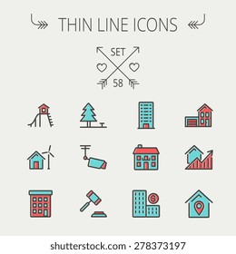 Real estate thin line icon set for web and mobile. Set includes-pine tree, antenna, gavel, playhouse, windmill, buildings icons. Modern minimalistic flat design. Vector icon with dark grey outline and