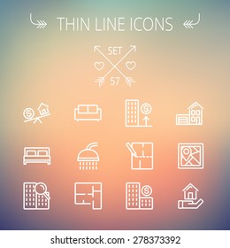 Real estate thin line icon set for web and mobile. Set includes- sofa, double bed, shower, drawing, buildings, house with garage icons. Modern minimalistic flat design. Vector white icon on gradient
