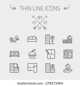 Real Estate Thin Line Icon Set For Web And Mobile. Set Includes- Sofa, Double Bed, Shower, Drawing, Buildings, House With Garage Icons. Modern Minimalistic Flat Design. Vector Dark Grey Icon On Light