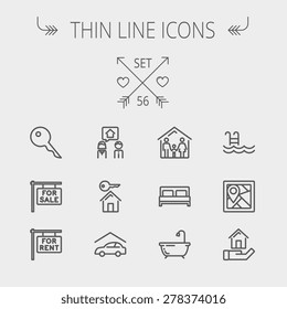 Real estate thin line icon set for web and mobile. Set includes- key, placard, couple, garage, family, tub, pool icons. Modern minimalistic flat design. Vector dark grey icon on light grey background.