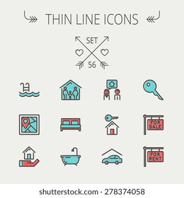 Real estate thin line icon set for web and mobile. Set include-key, placard, couple, garage, family, tub, pool  icons. Modern minimalistic flat design. Vector icon with dark grey outline and offset