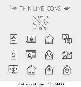 Real Estate Thin Line Icon Set For Web And Mobile. Set Includes- Electronic Keycard, Business Card, Graphs, New House, Couple, Dollar, Locator Pin Icons. Modern Minimalistic Flat Design. Vector Dark