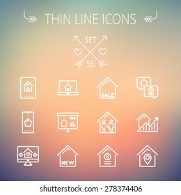 Real estate thin line icon set for web and mobile. Set includes- electronic keycard, business card, graphs, new house, couple, dollar, locator pin icons. Modern minimalistic flat design. Vector white