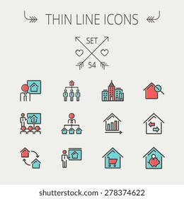 Icono de línea delgada inmobiliario para web y móvil. Set de agentes de inclusión, entrenamiento, seminario, edificio, gráfico de crecimiento, casa con íconos de lupa. Moderno diseño minimalista plano. Icono de vector con