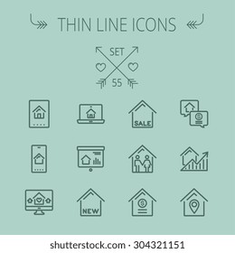 Real estate thin line icon set for web and mobile. Set includes- electronic keycard, business card, graphs, new house, couple, dollar, locator pin icons. Modern minimalistic flat design. Vector dark