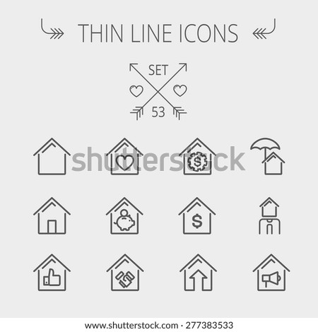Real Estate thin line icon set for web and mobile. Set includes- housing loan, mortgage, contoured house, saving, house insurance, broker, house alarm icons. Modern minimalistic flat design. Vector