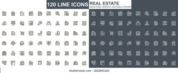 Real Estate Thin Line Icons Set. Commercial And Residential Building, Mortgage And Rent Services Unique Icons. Real Estate Agency Outline Vector Bundle. 48x48 Pixel Perfect Linear Pictogram Pack.