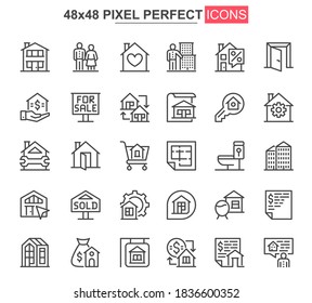 Real estate thin line icons set. Commercial and residential building, mortgage and rent services unique icons. Real estate agency outline vector bundle. 48x48 pixel perfect linear pictogram pack.