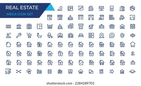 Real Estate thin line icons. Real estate symbols set. House, Home, Realtor, Agent, Plan editable stroke icon. Real estate icons collection. House line icons