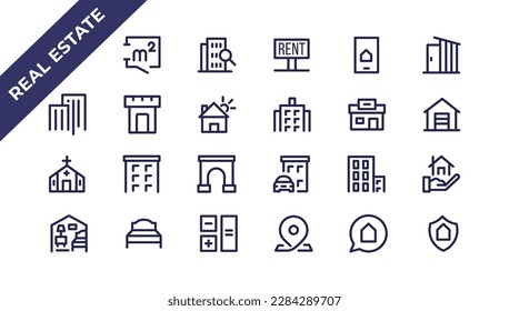 Real Estate thin line icons. Real estate symbols set. House, Home, Realtor, Agent, Plan editable stroke icon. Real estate icons collection. House line icons