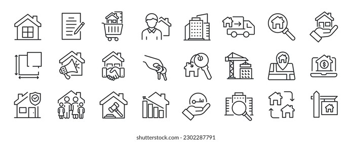 Real estate thin line icons. For website marketing design, logo, app, template, ui, etc. Vector illustration.