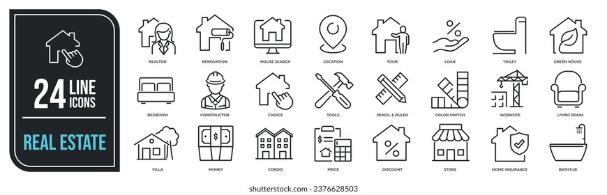 Real estate thin line icons. For website marketing design, logo, app, template, ui, etc. Vector illustration.