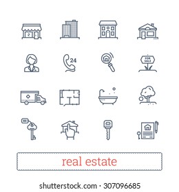 Real estate thin line icons. Vector set of leasing, renting, buying and selling realty signs.