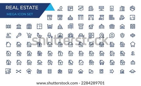 Real Estate thin line icons. Real estate symbols set. House, Home, Realtor, Agent, Plan editable stroke icon. Real estate icons collection. House line icons