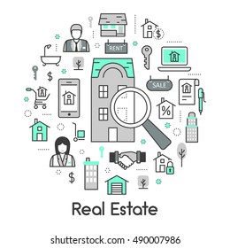 Real Estate Thin Line Vector Icons Set with Agent and Houses