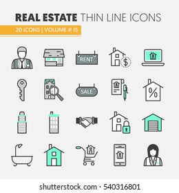 Real Estate Thin Line Vector Icons Set with Agent and Houses