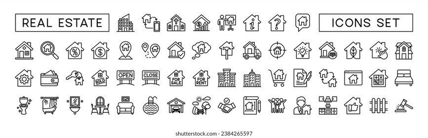 Real Estate thin line web icon set. House, building, property, mortgage, home loan, rent, key, buy, sell, insurance and more for app and website. Outline icons collection. Vector illustration