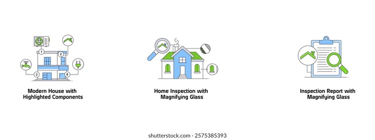 Real Estate Tools. Inspection Report with Magnifying Glass, Home Inspection with Magnifying Glass, Modern House with Highlighted Components