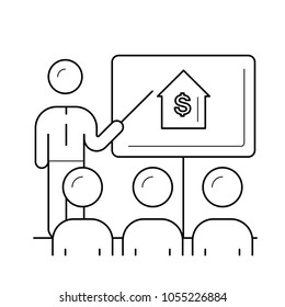 Real estate training vector line icon isolated on white background. People learn the real estate market line icon for infographic, website or app.