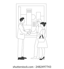 Real estate transaction. The realtor hands over the keys to the apartment to the happy tenants. Linear illustration on the topic of renting and buying real estate