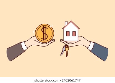 Real estate transaction when buying or renting house, with hands holding money and miniature cottage with keys. Realtor or broker sells apartment to buyer wants to invest in own real estate