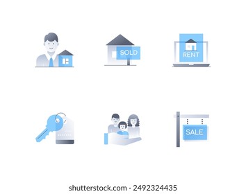 Real estate transactions - flat design style icons set. High quality colorful images of realtor, sold house, rent and search for housing, keys, happy family moving, sale sign, purchase and property