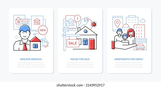 Real estate transactions - line design style banners set with editable stroke and place for text. Realtor services, house for sale, family apartments, moving into a new place, keys, city life