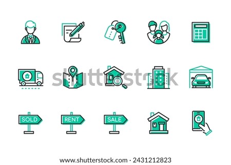 Real estate transactions - set of line design style icons isolated on white background. High quality images of signs sold, rent, sale, family move to a new house, map, realtor, keys, village and city