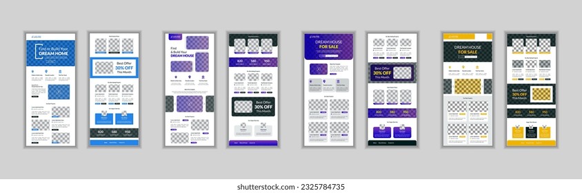 Real estate unique concept for email newsletter template. Buying and selling housing, building houses. UI, UX, user interface scenes for web design template and business standee roll up banner design.