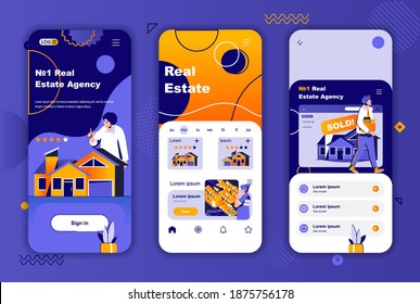 Real estate unique design kit for social networks stories. Real estate agency, realting platform mobile screen templates for app. UI UX layouts vector illustration. GUI set with people characters.