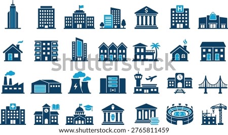 Real Estate and Urban Development solid icon set. Featuring Skyscraper Apartment Building Office Tower House Bank Factory and Landmark. Vector glyphs for property architecture and city planning projects.