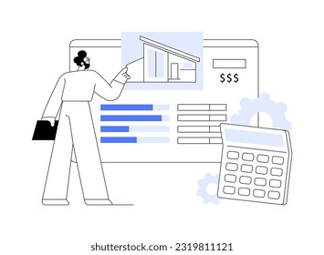 Ilustración vectorial del concepto de valoración inmobiliaria abstracta. Estimación inmobiliaria, negocio, idea de AVM, modelo de valoración automatizado, análisis comparativo de mercado metáfora abstracta.