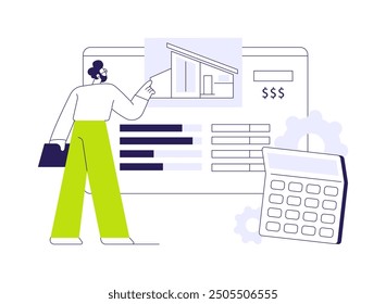 Ilustración vectorial abstracta del concepto de valoración inmobiliaria. Estimaciones inmobiliarias, propiedad, negocio, idea AVM, modelo de valoración automatizado, análisis comparativo de mercado, metáfora abstracta.