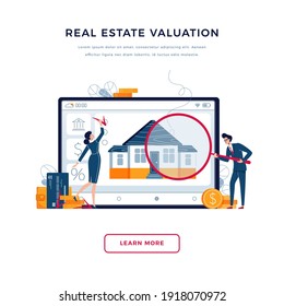 Real estate valuation banner. Inspectors are doing property appraisal of a house to change it's value. Property valuation, assessment of a home concept. Flat vector illustration