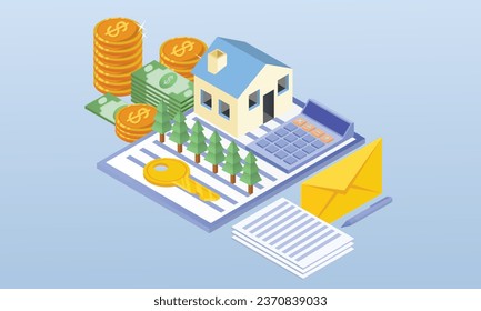 Real estate valuation and insurance.on blue background.3D design.isometric vector design Illustration.