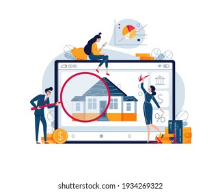 Real Estate Valuation Vector Illustration. Appraisers Estimate How Much Is The Property Worth. Home Appraisal, Property Assessment, Inspection Of The House Concept. Flat Cartoon Design