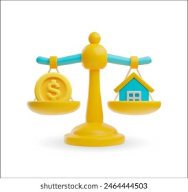 Real estate value concept. Vector illustration of a 3D balance scale icon with a dollar sign and a house, representing property investment analysis.