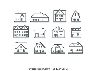 Real estate. Various houses and buildings. Minimalistic icons, logos. Graphic vector set. Cartoon style, simple flat design. Trendy illustration. Every icon is isolated on a white background