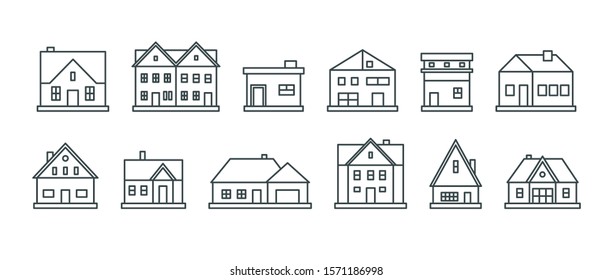 Real estate. Various outline houses and buildings. Minimalistic icons, logos. Graphic vector set. Cartoon style, simple flat design. Trendy illustration. Every icon is isolated on a white background