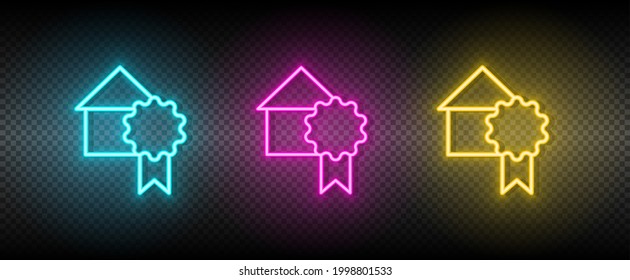Real estate vector achievement, award, house, medal. Illustration neon blue, yellow, red icon set.