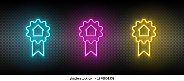 Real estate vector achievement, award, house, medal. Illustration neon blue, yellow, red icon set.