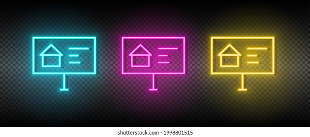 Real estate vector ads, building. Illustration neon blue, yellow, red icon set.