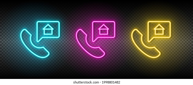 Agencia de vectores inmobiliarios, centro de llamadas, hogar. Ilustración neón azul, amarillo, rojo conjunto de iconos.