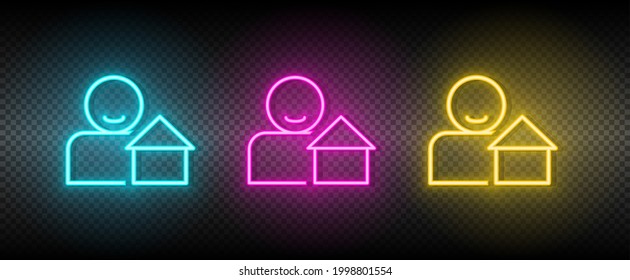 Real estate vector agent, property, real estate. Illustration neon blue, yellow, red icon set.