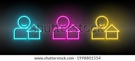 Real estate vector agent, property, real estate. Illustration neon blue, yellow, red icon set.